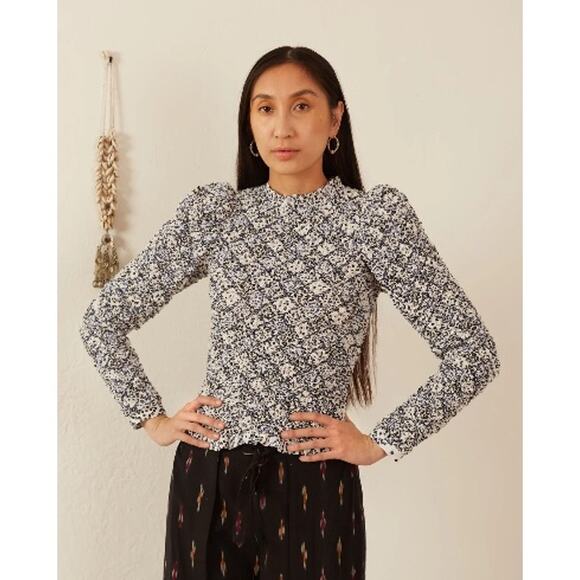 Alix of Bohemia NWT Maisie Domino Smocked Puff Top Blue White Floral Size Large - Picture 1 of 13